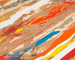 Lichtschauer Wieder dominieren Linien oder ungleich breite Striche durch eine Farbexplosion von Orange, Gelb, Rot, Blau und Erde das Format. Das Helle im Bild hat einen...