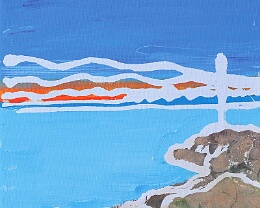 Alpenglühen Vom Bielersee Westufer zu den Alpen hinüber beobachtender Sonnenuntergang. 20 cm x 20 cm x 1,5 cm; partielle Erde über Acrylfarbe auf Leinwand; 2015