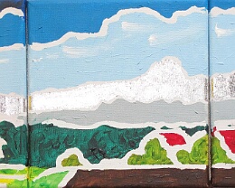 Alpenkette Vom Seeland Gemüseanbaugebiet mit Blick hin zu den Bergen. In diesem Bild wurde auf einen Erdauftrag verzichtet. 60 cm x 20 cm x 1,5 cm; Acrylfarbe auf...
