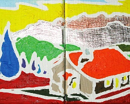 In den Bergen Schweiz ohne Berge? Unvorstellbar! Deshalb farblich aber divergent illustriert. Mit zusätzlicher Silber- und Kupferlegierung unterstrichen. 40 cm x 20 cm x 1,5...